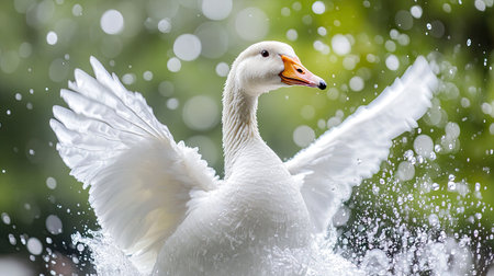 A close-up of a white goose as it flaps its wings, with water droplets flying in all directions and a soft backdrop of green trees and skyの素材