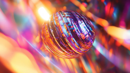 A close-up of a shimmering holographic disco ball casting vibrant reflections.の素材