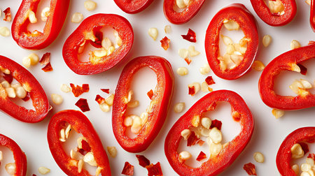 A close-up of vibrant red chili pepper slices with visible seeds, isolated on a white surface.の素材