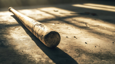 A close-up of a cracked wooden baseball bat lying on a dusty gym floor, with sunlight casting shadows across the sceneの素材