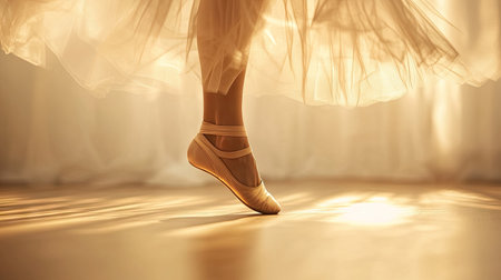 A dancer's ballet shoes peeking out from beneath a flowing tutu in a softly lit studio.の素材