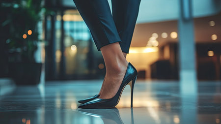A confident woman in a power suit slipping into sharp high heels before work.の素材