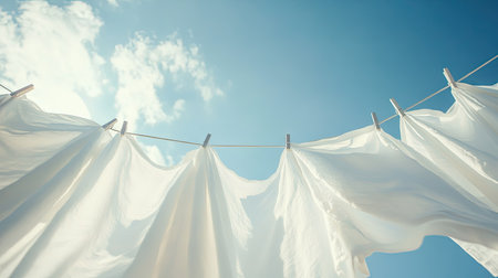 A clothesline with white shirts and sheets hanging in the wind, with a deep blue sky and sunlight illuminating the fabric, creating a serene viewの素材