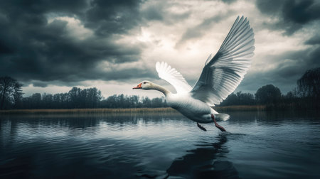 A dramatic shot of a white goose flapping its wings against a cloudy sky, with the calm waters of a pond and a few distant trees adding to the atmosphereの素材