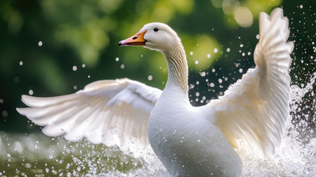A close-up of a white goose as it flaps its wings, with water droplets flying in all directions and a soft backdrop of green trees and skyの素材