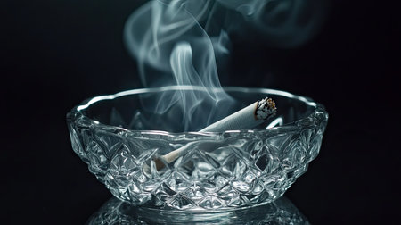 A crystal ashtray with a single burning cigarette, smoke rising dramatically in the darkness.の素材