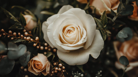 A close-up of a groom's boutonniere featuring a white rose and elegant greenery.の素材