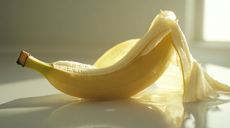 A close-up of a peeled ripe banana with its soft flesh exposed, resting on a bright white surface, illuminated by soft ambient lightの素材