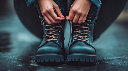 A close-up of a woman's hands tying the laces of trendy platform boots.の素材