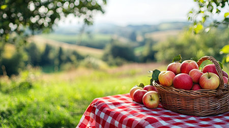 A countryside picnic with a red checkered tablecloth, a basket full of freshly picked apples, and a scenic farm view.の素材