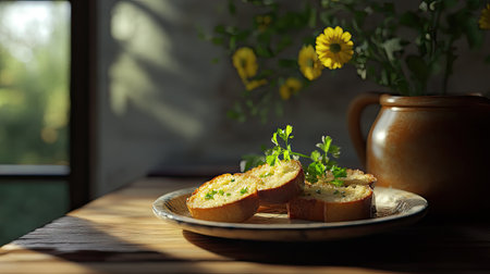A cozy food scene with a ceramic plate of garlic bread slices, fresh parsley adding a pop of color.の素材