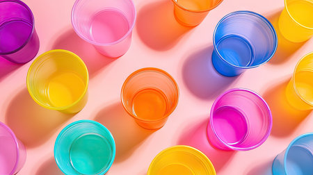 A close-up of multiple plastic cups in different colors, placed individually on a solid color background.の素材