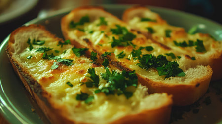 A close-up shot of perfectly toasted garlic bread with vibrant parsley, served on a ceramic dish.の素材