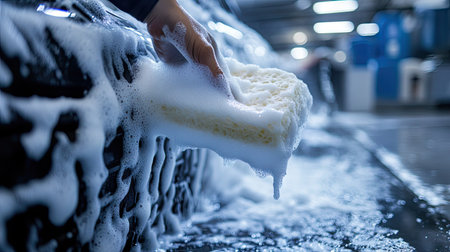 A close-up shot of a car's body covered in thick white soap foam at a car wash, with someone using a sponge to gently clean the surfaceの素材