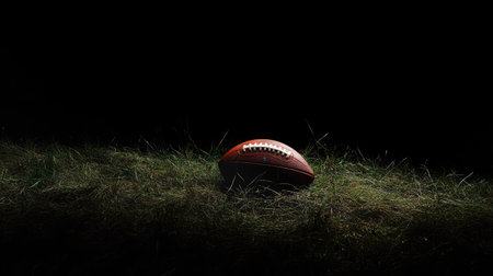 A dramatic low-angle shot of an American football resting on grass, spotlighted against blackness.の素材