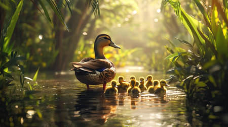 A duck mom guiding her ducklings through a tranquil pond, the water sparkling under the midday sun, surrounded by lush plants and grassesの素材