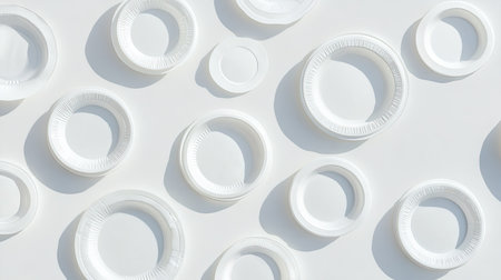 A collection of white disposable plastic plates scattered across a clean, bright background.の素材