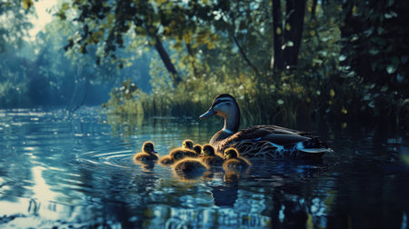 A close-up shot of a duck mom and her ducklings swimming together in a calm pond, with reflections of trees and blue skies in the waterの素材