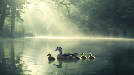 A duck mom swimming with her ducklings on a peaceful pond, surrounded by misty morning light and soft reflections on the water's surfaceの素材