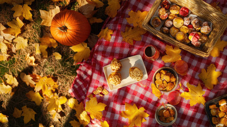 A fall-themed picnic with a red checkered tablecloth, pumpkin spice treats, and colorful autumn leaves scattered around.の素材