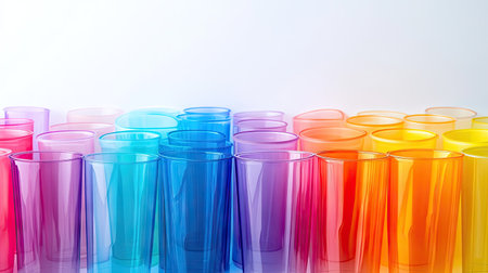 A colorful arrangement of plastic cups, each in a different shade, isolated against a light backdrop.の素材