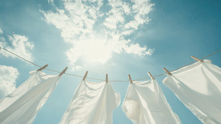 A clothesline filled with freshly washed white clothes, with the bright sky above and a few wisps of clouds creating a serene outdoor sceneの素材