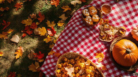 A fall-themed picnic with a red checkered tablecloth, pumpkin spice treats, and colorful autumn leaves scattered around.の素材