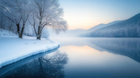 A tranquil winter scene of a frozen lake with a thin layer of snow covering the ice.の素材