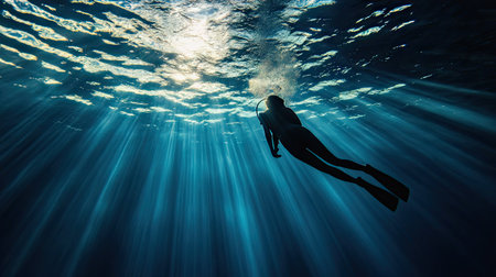 A tranquil underwater shot capturing the movement of a diver's fins as they swim into the depths.の素材