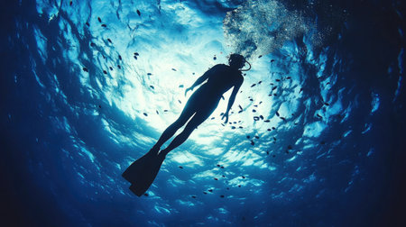 A tranquil underwater shot capturing the movement of a diver's fins as they swim into the depths.の素材