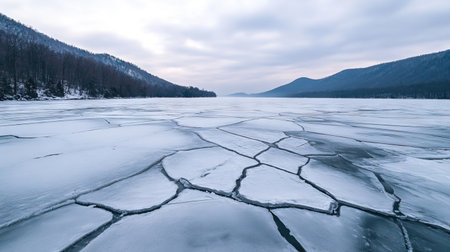 A vast frozen lake with deep cracks forming intricate patterns in the thick ice.の素材