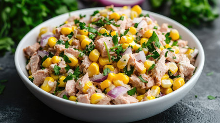 A vibrant gourmet tuna salad with canned tuna, corn, red onions, and fresh parsley served in a white bowl.の素材