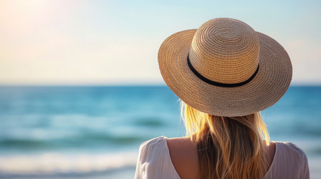 A woman in a straw hat looking at the ocean, with the warm sunlight and the gentle sea breeze adding to the tranquil atmosphere.の素材