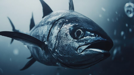 A whole fresh tuna fish with sharp fins and a glossy exterior, isolated on a neutral background.の素材