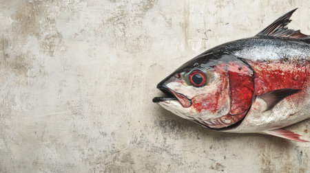 A vibrant fresh tuna fillet resting on a neutral background, emphasizing the texture and freshness of the meat.の素材
