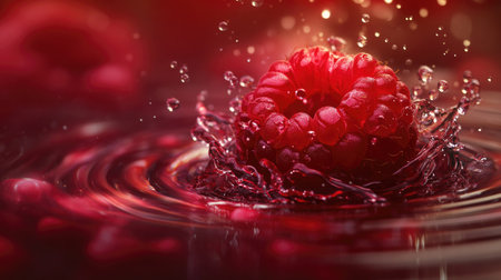 A vibrant red raspberry dropping into water, surrounded by tiny bubbles and rippling splashes.の素材