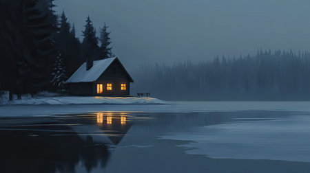 A winter cabin by the edge of a frozen lake, its lights reflecting on the ice.の素材