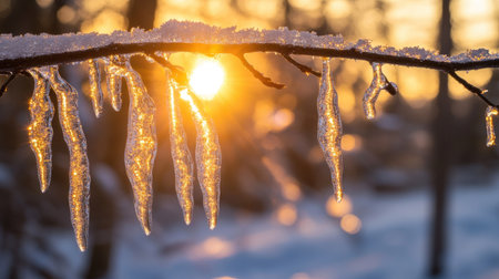 A winter forest scene where icicles cling to branches, glowing softly in the setting sun.の素材