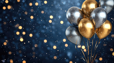 Elegant gold and silver balloons rising against a rich royal blue background with sparkling lights.の素材