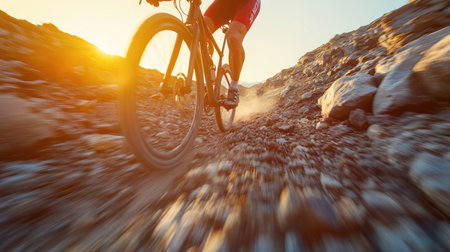 High-speed motion blur of a gravel bike rider crossing a rocky terrain at sunset.の素材