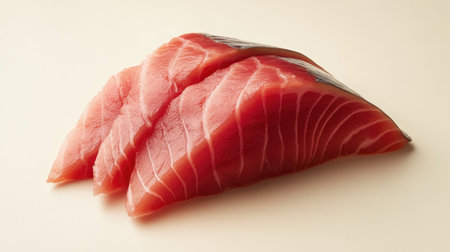 A whole fresh tuna fish, carefully cut into slices, presented on a plain, neutral-colored background.の素材