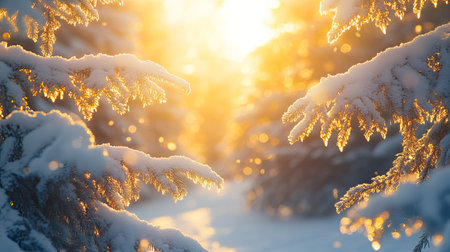 Snow-covered pine trees with glistening icicles, glowing in the golden sunset light.の素材