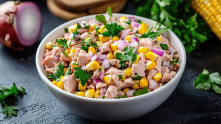 A vibrant gourmet tuna salad with canned tuna, corn, red onions, and fresh parsley served in a white bowl.の素材