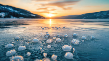 Crystal-clear ice on a frozen lake, showing bubbles trapped beneath the surface.の素材