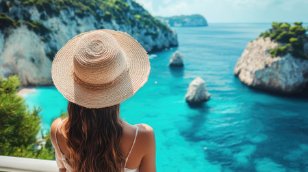 A woman in a straw hat, standing on a balcony overlooking the turquoise sea and rocky coastline, enjoying the view.の素材
