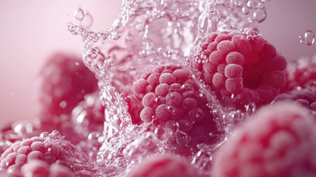 High-speed capture of raspberries splashing into water, frozen in motion with crystal-clear bubbles.の素材