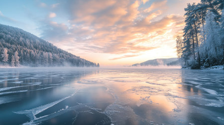 Frozen lake with delicate frost patterns forming on the surface of the ice.の素材