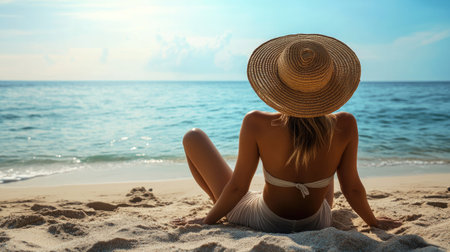 A woman wearing a straw hat, sitting on a sandy beach with her legs stretched out, gazing at the vast sea.の素材