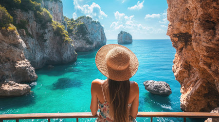 A woman in a straw hat, standing on a balcony overlooking the turquoise sea and rocky coastline, enjoying the view.の素材