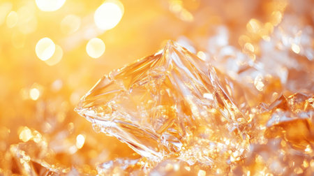 Close-up of a crystal-clear icicle reflecting the warm colors of the setting sun.の素材